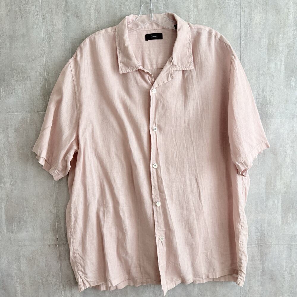 Theory Button Up Shirt Men XL Pink Linen Short Sleeve Lightweight Summer Casual
